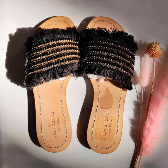 kate spade Shoes - Kate Spade Solaina Black Fringe Leather Slide Sandals